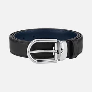 Cintura Reversibile in Pelle Nera/Blu 30 mm con Fibbia a Ferro di Cavallo