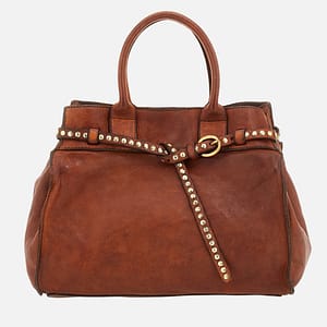 Borsa Campomaggi Kura Shopping Cognac vista frontale con rivetti dorati e doppio manico