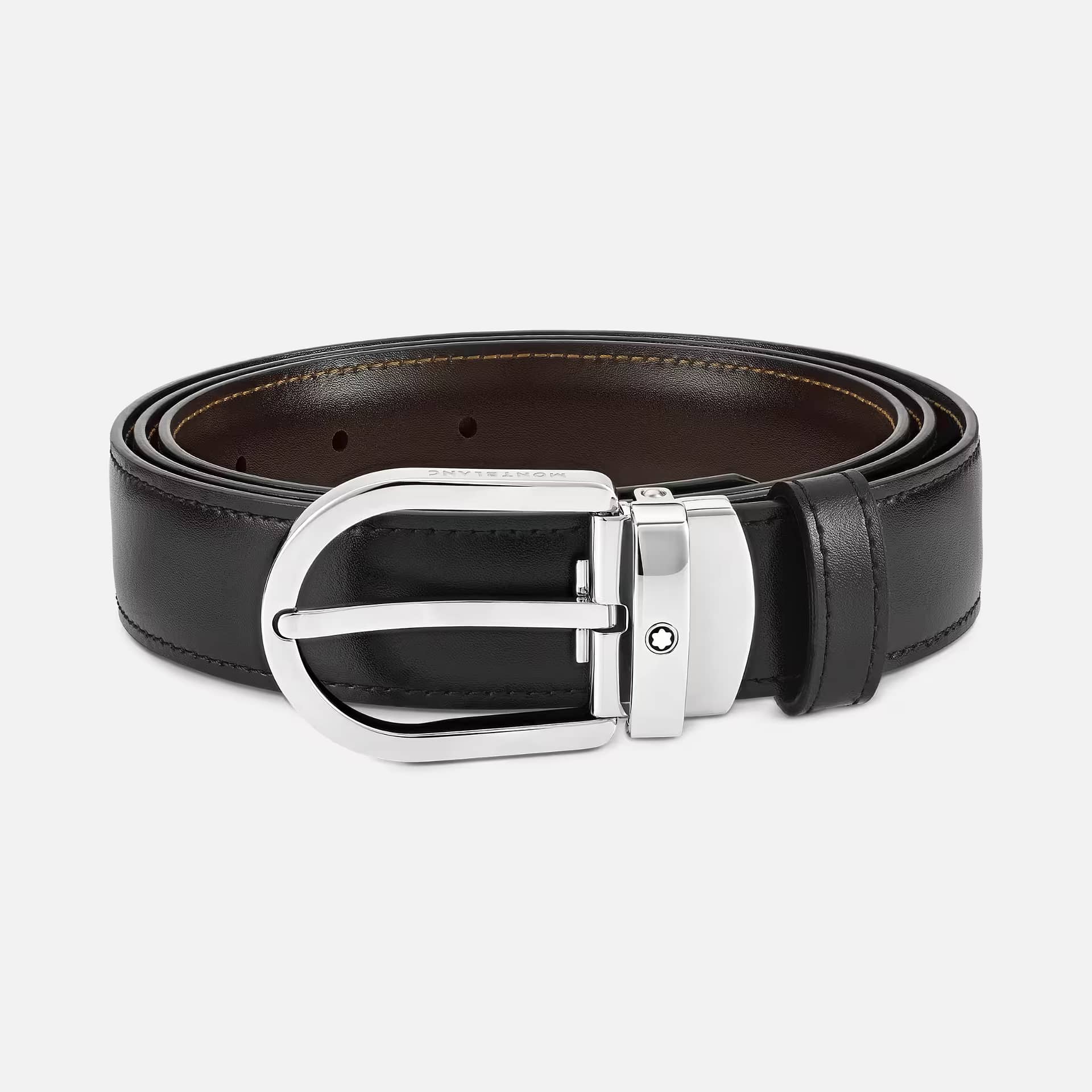 Cintura reversibile pelle nera/marrone 30 mm fibbia ferro di cavallo Montblanc