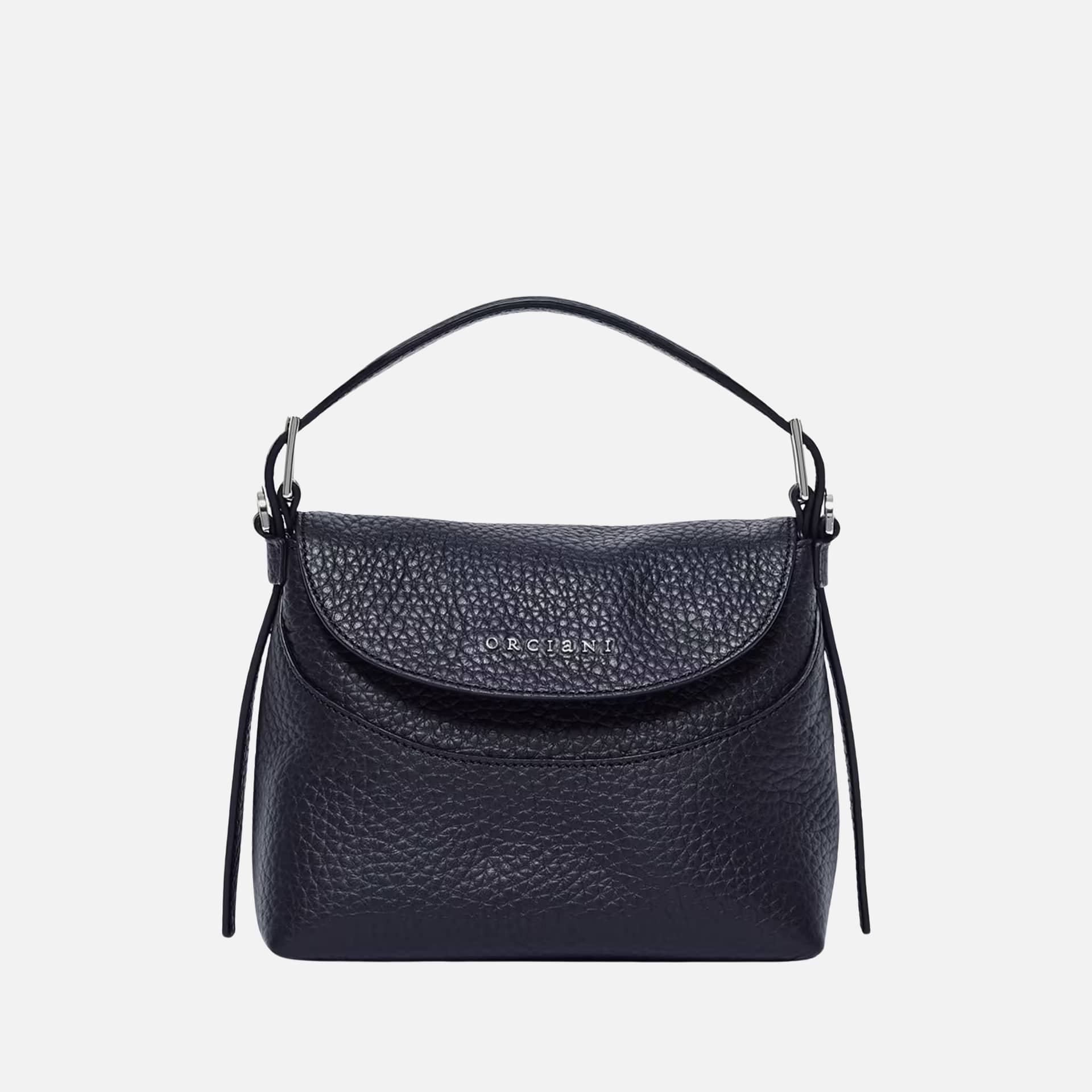 Borsa Orciani Nana Small Soft nera in pelle martellata con logo frontale