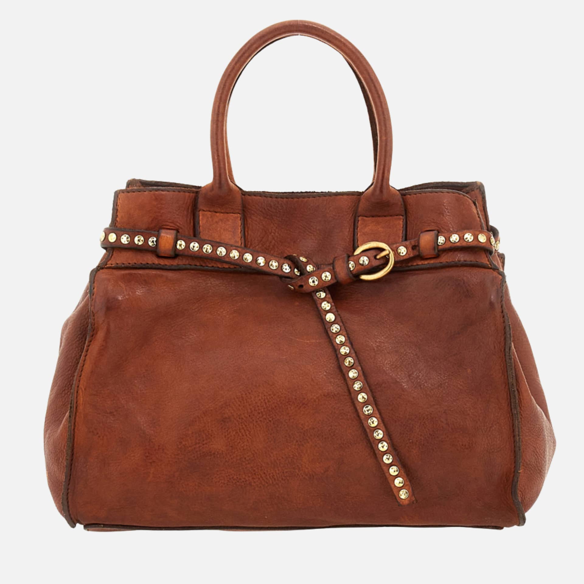 Campomaggi Kura Shopping Bag Cognac vista frontale con rivetti dorati